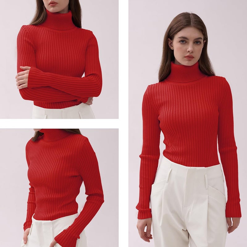 v28 Women Stretchable Turtleneck Knit Long Sleeve Slim Fit Sweater (S,Red) - Image 5
